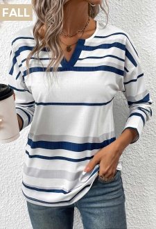 ROTITA Patchwork Striped White Split Neck Long Sleeve T Shirt