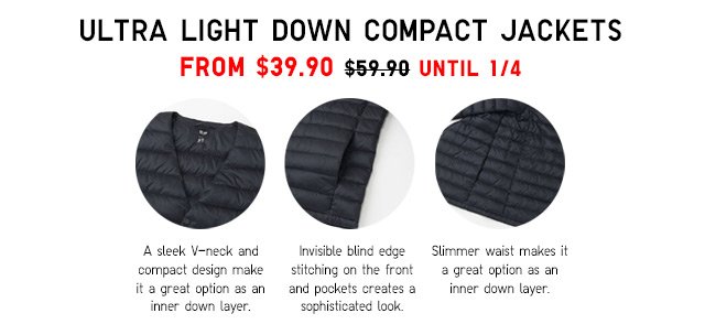 ULTRA LIGHT DOWN COMPACT JACKETS - NOW $49.90 - SHOP NOW