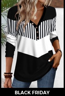 ROTITA Button Geometric Print Black V Neck T Shirt