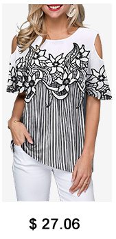 Cold Shoulder Flower Print Striped Blouse