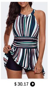 Keyhole Back Stripe Print Swimdress and Shorts