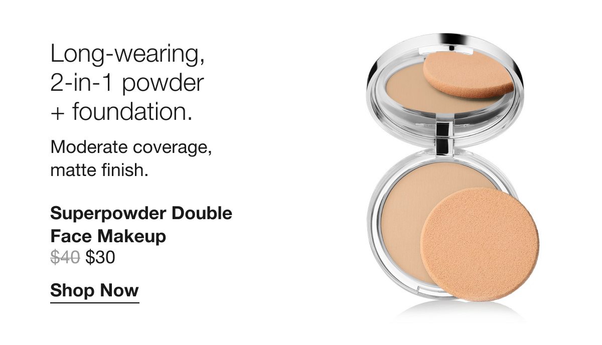 Long-wearing, 2-in-1 powder + foundation. Moderate coverage, matte finish. | Superpowder Double Face Makeup $30 | Shop Now