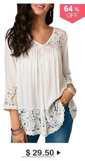 Button Up Lace Patchwork White Blouse