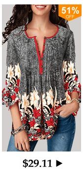 Button Up Pleated Printed Three Quarter Sleeve Blouse