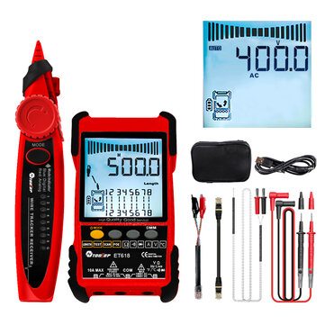 TOOLTOP Large LCD Screen Network Cable Tester + Multimeter 2 in 1 400M/500M Network Cable Length Measure AC DC Current Voltage Measurement Anti-noise Line Tracker ET616 ET618