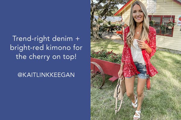 Trend-right denim + bright-red kimono for the cherry on top! @KAITLINKKEEGAN