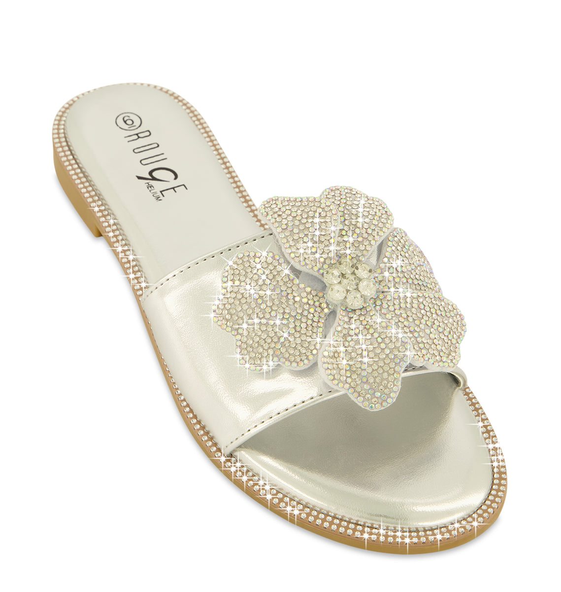 Rhinestone Trim Flower Detail Slide Sandals