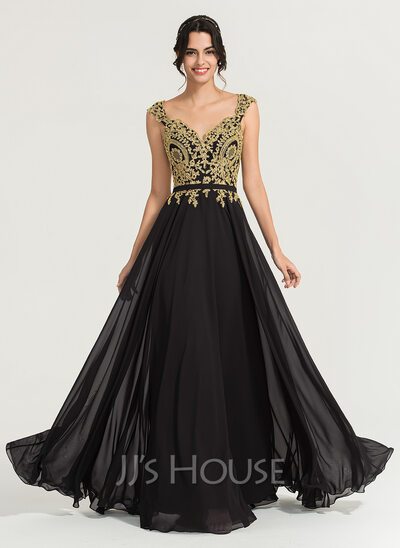 A-Line V-neck Floor-Length Chiffon Evening Dress With Beadin...