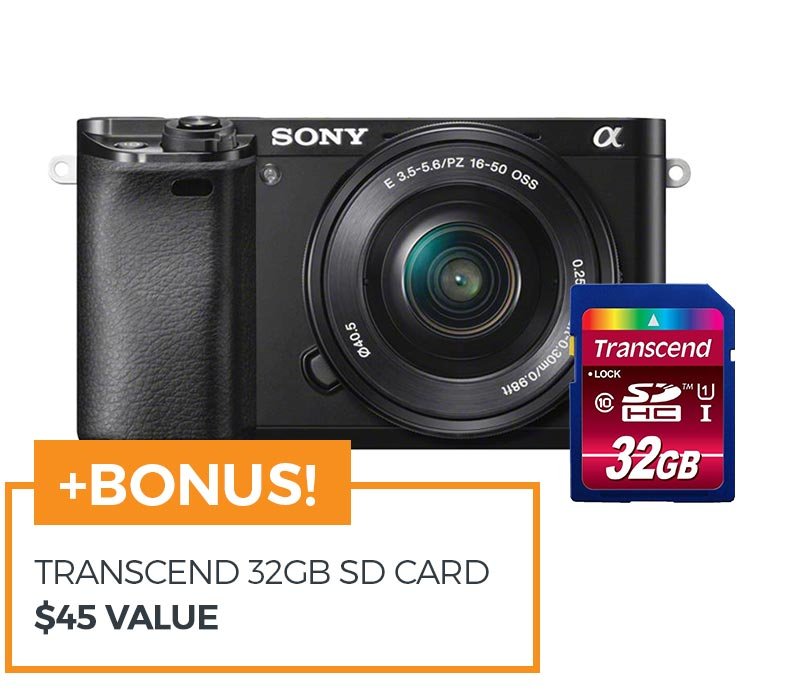 SONY ALPHA A6000 W/16-50MM LENS (BLACK) +BONUS TRANSCEND 32GB SD CARD ($45 VALUE)