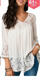 Button Up Lace Patchwork White Blouse