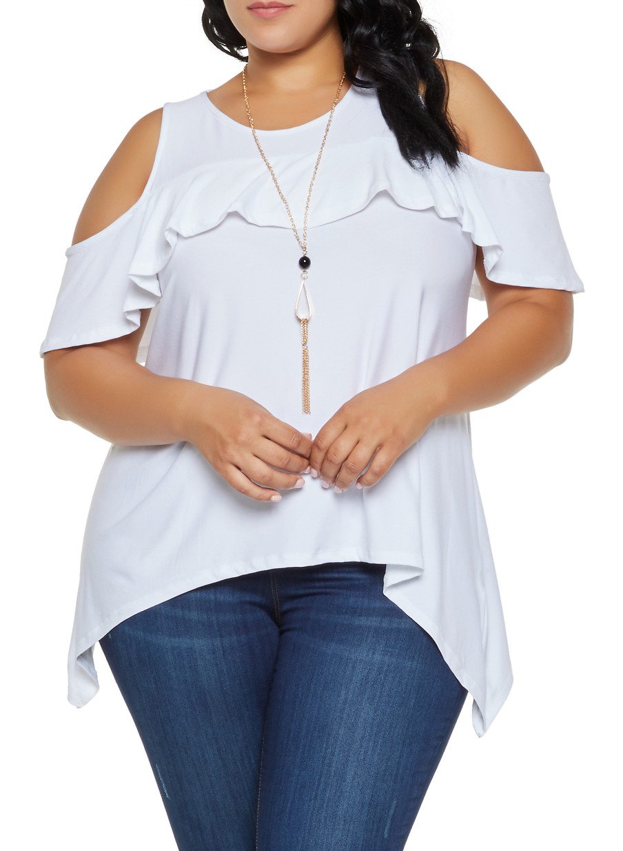 Plus Size Sharkbite Cold Shoulder Top with Necklace