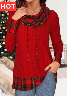 Christmas Red Patchwork Plaid Long Sleeve Cowl Neck Sweatshirt