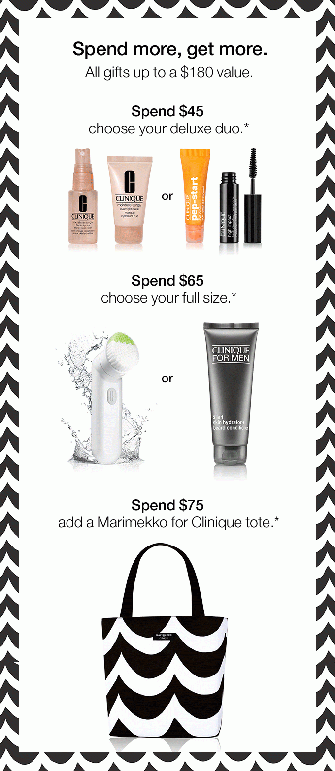 Spend more, get more. Choose a free deluxe duo with any $45 purchase.* Spend $65 choose your full size.* Spend $75 add a Marimekko for Clinique tote.*