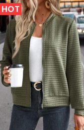 Olive Green Jacquard Long Sleeve Stand Collar Jacket