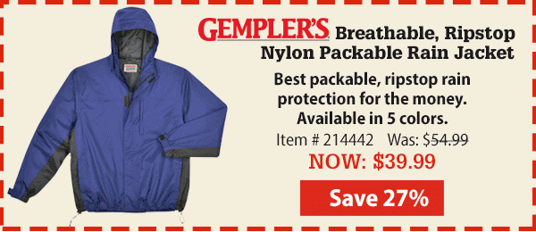 Gempler's Breathable, Ripstop Nylon Packable Rain Jacket