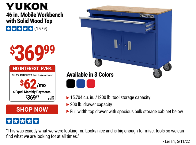 YUKON: 46 In. Mobile Workbench With Solid Wood Top