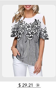 Cold Shoulder Flower Print Striped Blouse