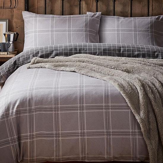 Grey Check Reversible Brushed Cotton Duvet Cover and Pillowcase Set