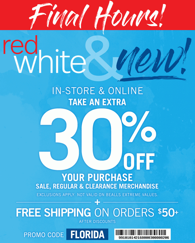 Final Hours! Red White & New! Extra 30% Off + Free Shipping on $50+ | Code FLORIDA | Get Coupon | Exclusions Apply