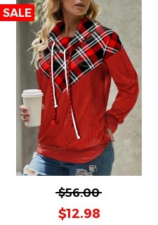 ROTITA Patchwork Plaid Red Cowl Neck Long Sleeve Sweatshirt