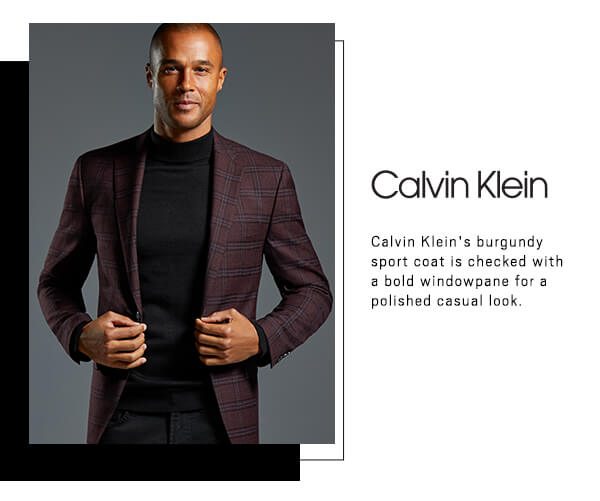 Calvin Klein. Calvin Klein's burgundy sport coat is checked with a bold windowpane for a polished casual look.