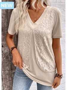 ROTITA Layered Light Camel V Neck Short Sleeve Blouse