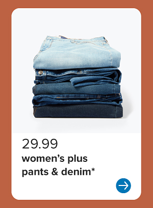 A stack of folded denim. 27.99 women's plus pants and denim.