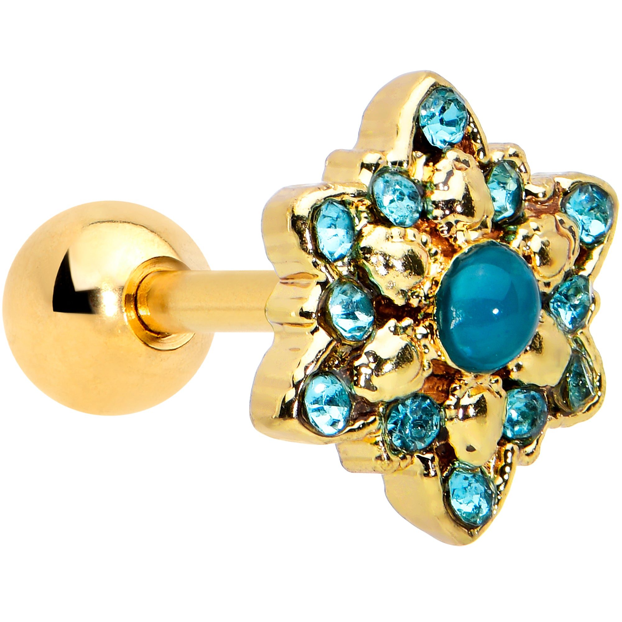 Image of 16 Gauge 1/4 Blue Gem Gold Tone Snowflake Cartilage Tragus Earring