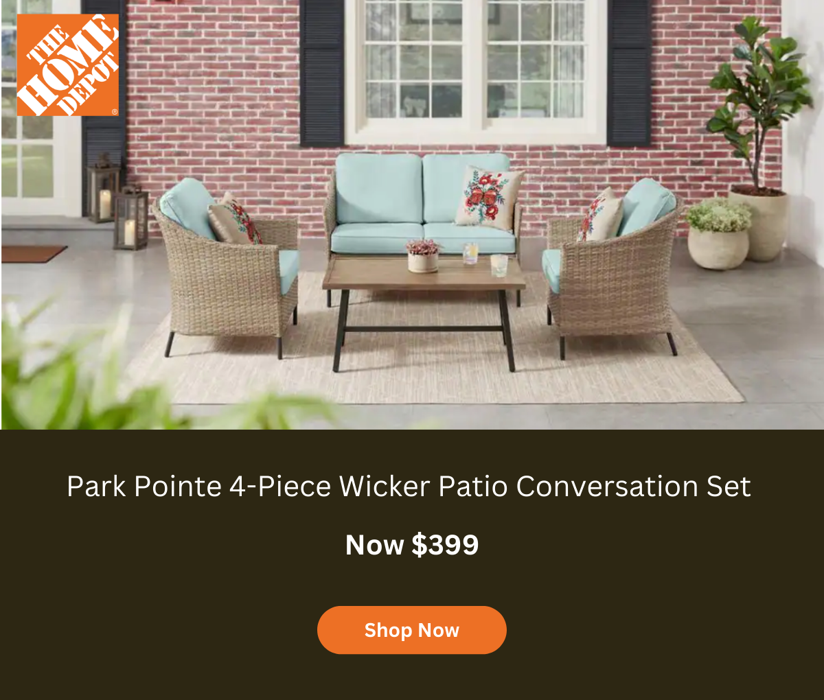 The Home Depot | Park Pointe 4-Piece Wicker Patio Set for $399
