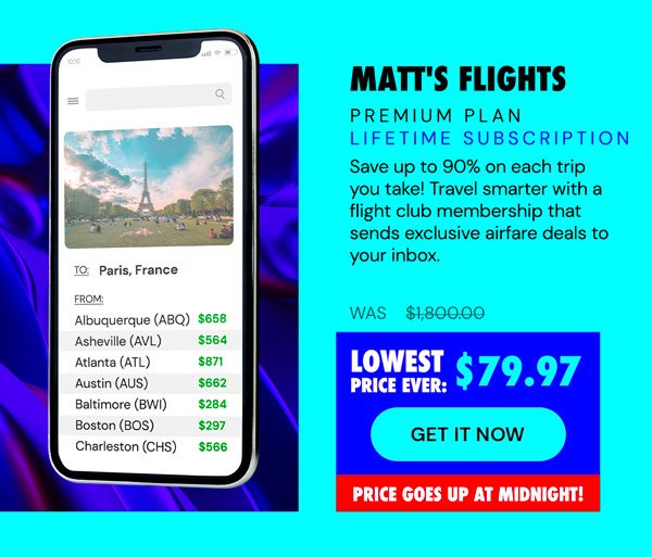 Matt's Flights Premium Plan (Lifetime Subscription) - Save up to 90% on Domestic & International flights