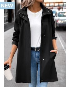 Removable Hood Black Hooded Long Sleeve Trench Coat