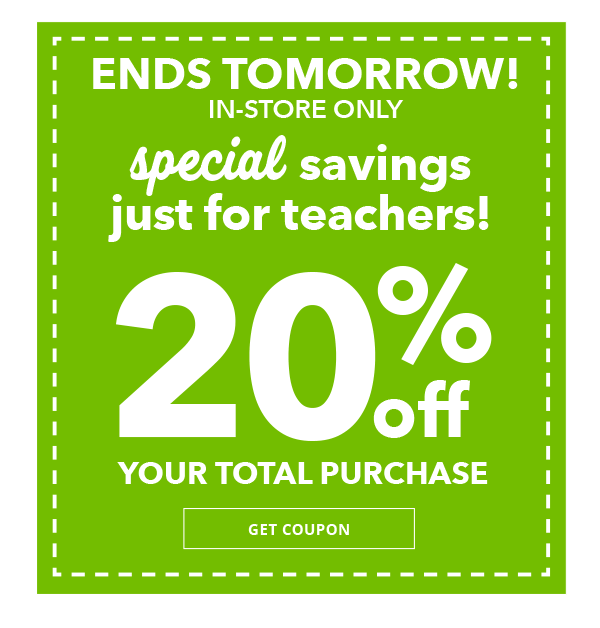 Save through Jan 6, in-store only, 20% off Your Total Purchase. GET COUPON.