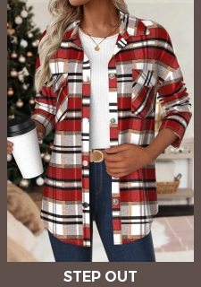 Red Patchwork Plaid Long Sleeve Turn Down Collar Coat