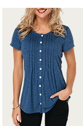 Button Up Crinkle Chest Navy Blue T Shirt