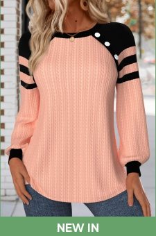 ROTITA Patchwork Dusty Pink Round Neck Long Sleeve Sweatshirt