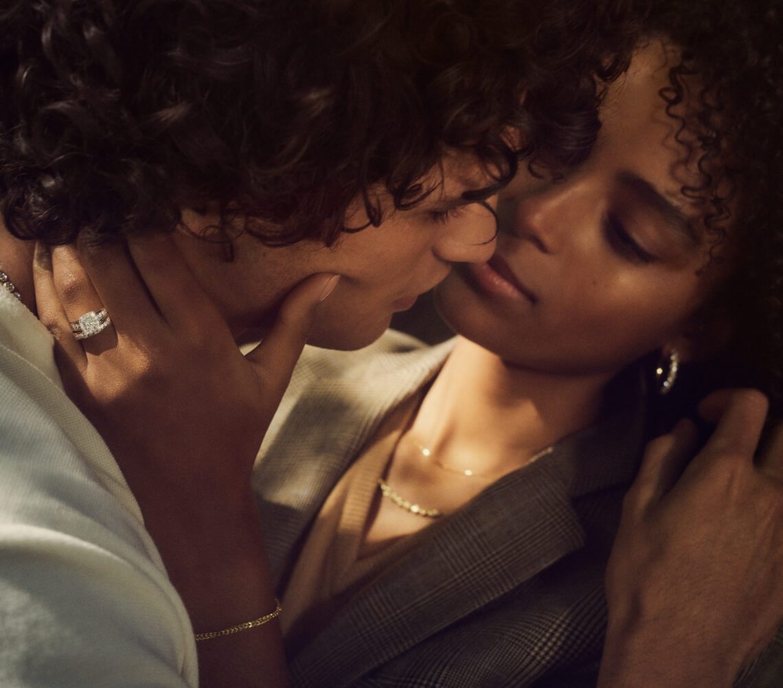 Image of woman holding man's face close to hers