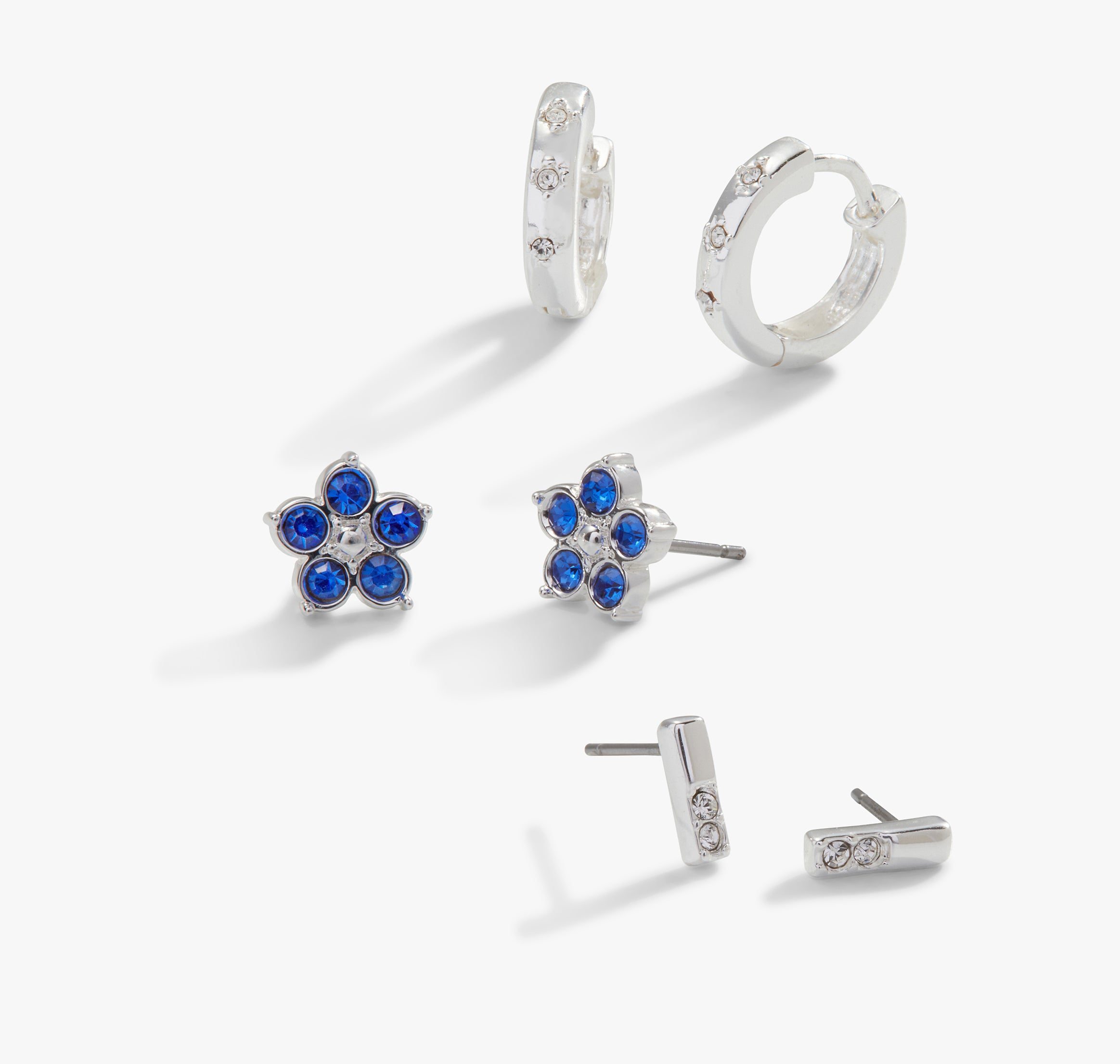 Image of Crystal Forget-Me-Not Flower Stud + Hoop Earrings, Set of 3