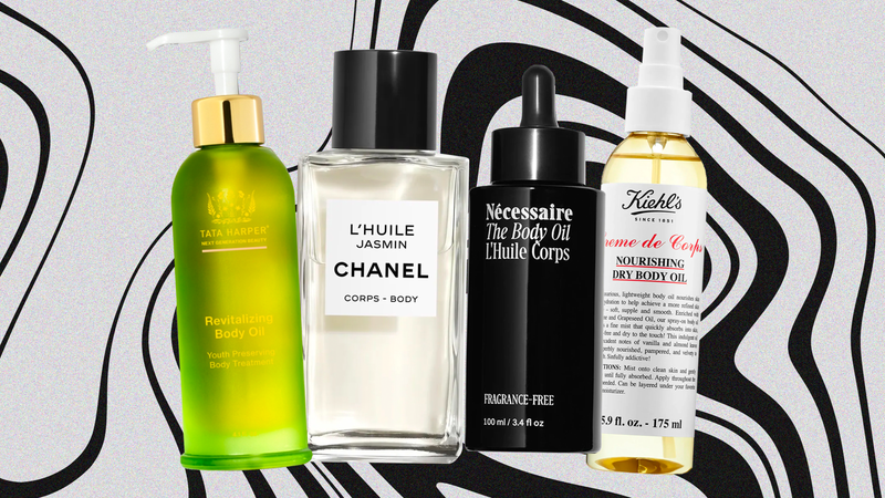 best body oils _ Tata Harper, Chanel, Nécessaire, and Kiehl's body oils on a background