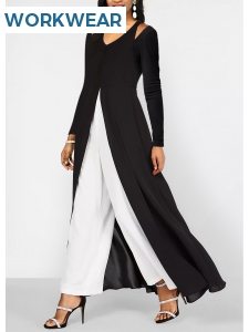 ROTITA Black Long Sleeve Contrast V Neck Jumpsuit