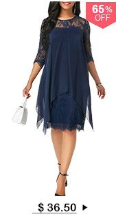 Three Quarter Sleeve Chiffon Overlay Navy Lace Dress