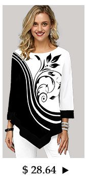 Asymmetric Hem Flower Print Three Quarter Sleeve T Shirt