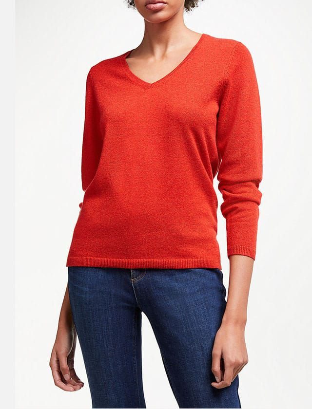 John Lewis & Partners Cashmere Rib Trim V-Neck Sweater