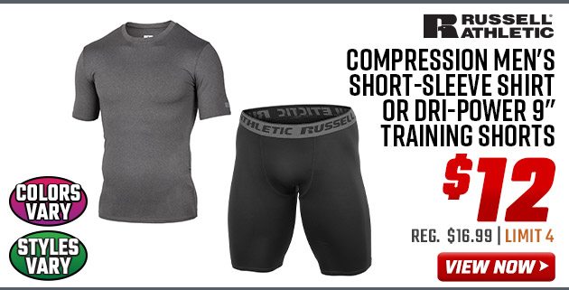 Russell Athletic Compression Men's Short-Sleeve Shirt or Dri-Power 9'' Training Shorts