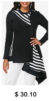 Button Detail Asymmetric Hem Striped Black Blouse