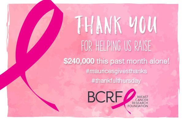 Thank you for helping us raise $240,000 this past month alone! #mauricesgivesthanks #thankfulthursday. BCRF - Breast Cancer Research Foundation.