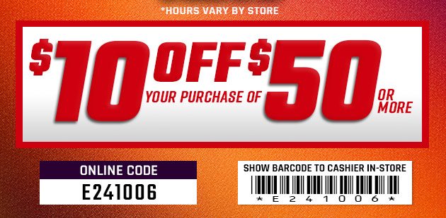 $10 off $50. Exclusions apply. Use code E241006