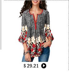 Printed Button Up Pleated Three Quarter Sleeve Blouse