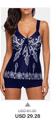 Printed Open Back Navy Padded Tankini Set