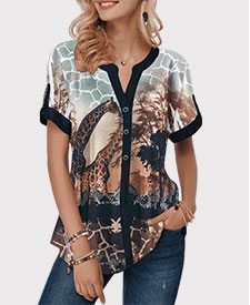 Button Detail Giraffe Print Short Sleeve Blouse