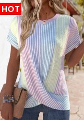 Multi Color Cross Hem Striped Short Sleeve T Shirt